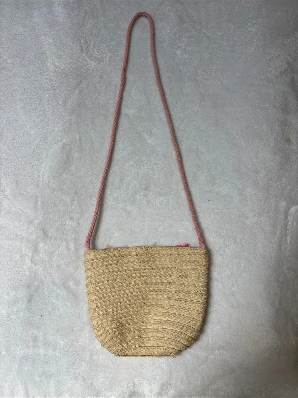 Girls' Straw Crossbody Bag with Pink Strap and Floral Accents